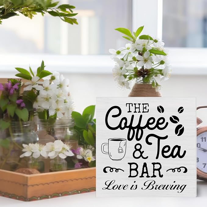 Coffee & Tea Bar Sign Decor, Coffee Tea Station Accessories, Farmhouse Kitchen Wooden Sign Desk Table Decor - Image 4
