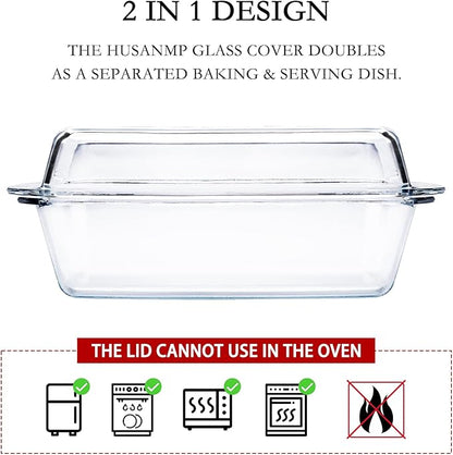 Rectangular Tempered Glass Casserole Dish with Glass Cover - Oven, Freezer and Dishwasher Safe - 3 Liter