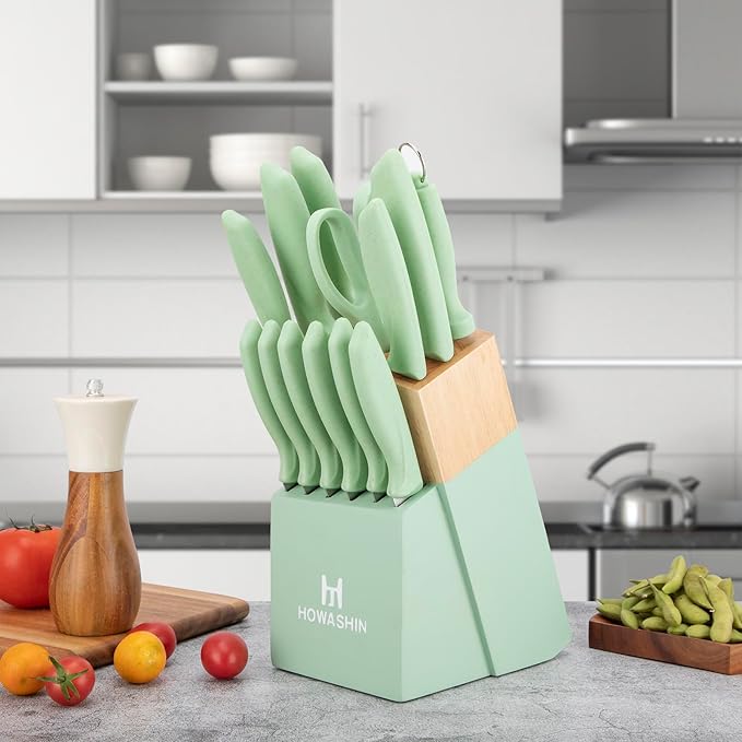 Green Knife Set, 15 Pcs Kitchen Knife Set with Block,High Carbon German Stainless Steel Knife Block Set, Hand wash Safe Knives Set