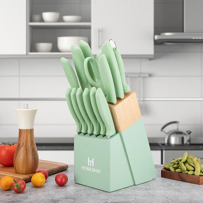 Green Knife Set, 15 Pcs Kitchen Knife Set with Block,High Carbon German Stainless Steel Knife Block Set, Hand wash Safe Knives Set