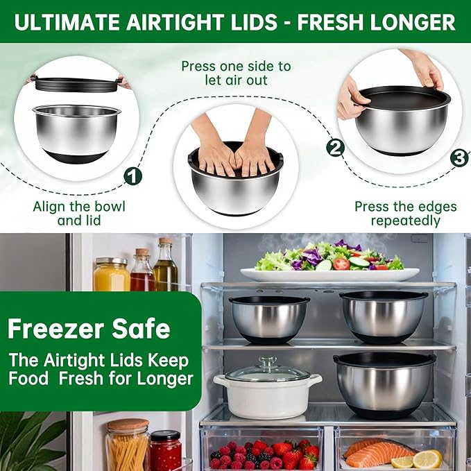 Deedro Premium Mixing Bowls with Airtight Lids Set, 22Pcs Thicker Stainless Steel Mixing Bowl Set, Large Prep Metal Bowls, Non-Slip Silicone Base Nesting Bowls for Kitchen, 1.5/2/3/4/5 QT, Black - Image 7