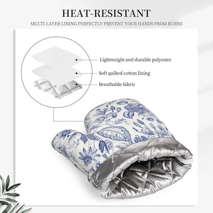 Vintage Flower Blue and White Leaves Oven Mitts and Pot Holders Sets of 4, Heat Resistant Silicone Oven Mittens and Potholders Gloves Hot Pads for Kitchen Cooking Baking Grilling BBQ Chef