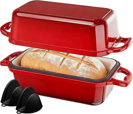 Enameled Cast Iron Dutch Oven for Sourdough Bread Baking, 8.5 x 4.5Inch Oval Cast Iron Bread Pan with Lid, 2PCS Dutch Oven for Homemade Sourdough Baking, Meatloaf Pan, Oven Safe, Red