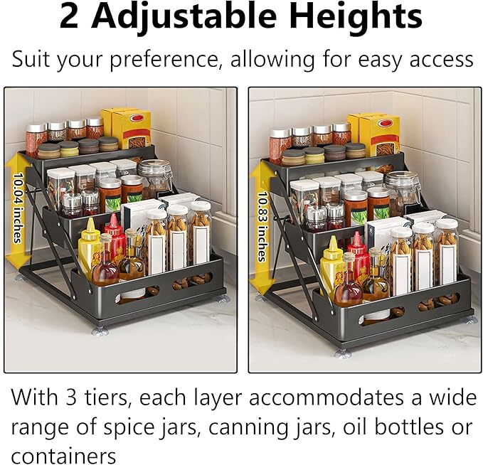 Ceetug 3 Tier Foldable Spice Rack for Countertop Iron Kitchen Seasoning Organizer for Cabinet, Black - Image 4