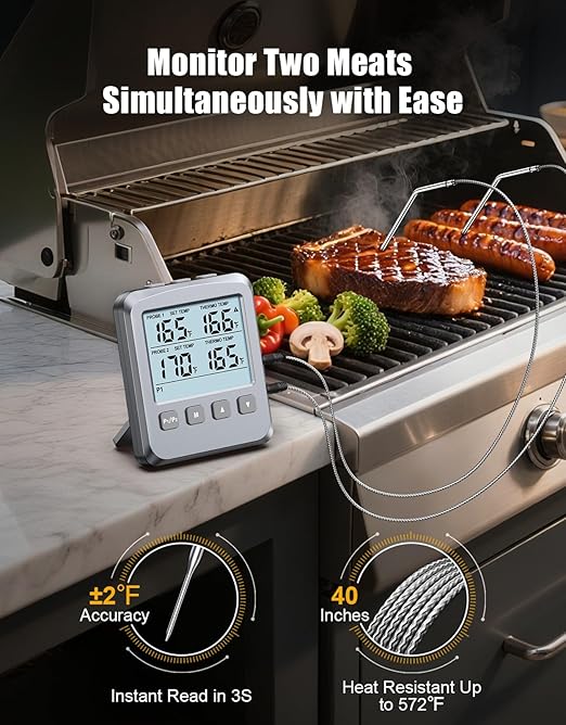 Dual Probe Meat Thermometer Digital for Cooking, Grilling & Smoking with Large LCD Backlight & Alarm, Kitchen Food Grill Thermometer, Smoker Accessories for BBQ Oven Oil Fry, Gifts for Men Dad