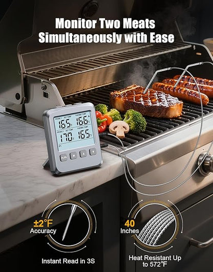 Dual Probe Meat Thermometer Digital for Cooking, Grilling & Smoking with Large LCD Backlight & Alarm, Kitchen Food Grill Thermometer, Smoker Accessories for BBQ Oven Oil Fry, Gifts for Men Dad