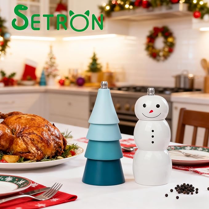 Christmas Salt and Pepper Grinder Set, Snowman & Tree Refillable Salt and Pepper Mills with Adjustable Ceramic Core, Wooden Manual Salt and Pepper Shakers for Kitchen,Gift, Christmas Decor - Image 6