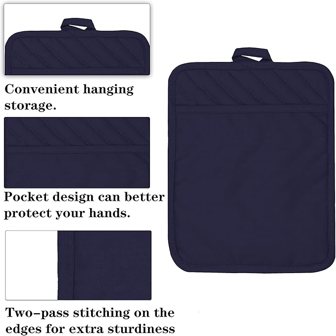 Oven Pot Holder with Pocket Cotton Heat Resistant Coaster Potholder Kitchen Hot Pad Oven Mitts for Cooking Square 7"x9" Set of 3 (Navy Blue) - Image 3