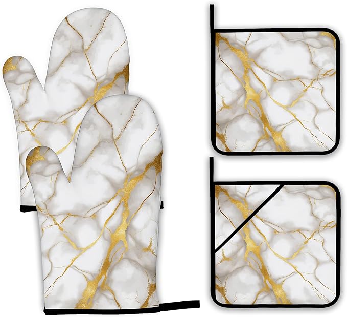 Marble Oven Mitts and Pot Holders Set,White Gold Flowing Marble Kitchen Oven Gloves and Pot Holder with Heat Resistant Non Slip for Cooking Baking Grilling(4 Piece Set)