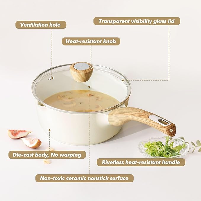 SENSARTE Ceramic Nonstick Sauce Pan with Lid, 1.5 Quart Small Saucepan, White Cooking Pot with Stay Cool Handle, Non toxic Kitchen Sauce Pot, Non stick Saucier Pan, Induction Pot, PFOA PTFE PFAS Free - Image 8