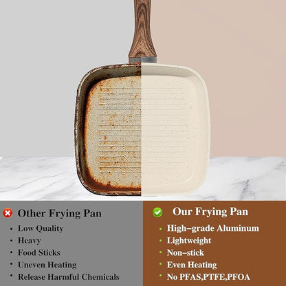 3 Pcs Pots and Pans Set, Nonstick & Non-Toxic Healthy Pots and Pans with Wooden Handle, Durable Skillet Indoor & Outdoor Use, All Stovetops Compatible, PFOA Free, White