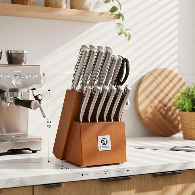 imarku 14-Piece Knife Set, Japanese Stainless Steel Knives Set for Kitchen, Full-Tang Gyutou Knife Sets with Block and Build-in Sharpener, Brown, Dishwasher Safe, House Warming Gifts for Mom - Image 9