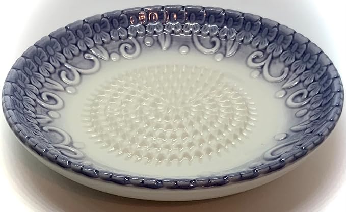 BonCera, All-in-one Premium Ceramic Garlic Grater Plate 4-Piece Set - Purple Embossed Design and Style - For Garlic, Ginger, Chocolate, and more! - Comes with 5.25" Plate, Peeler, Brush, and Stand - Image 3