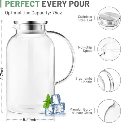 SUSTEAS 2.2 Liter 75oz Glass Pitcher with Lid, Easy Clean Heat Resistant Glass Water Carafe with Handle for Hot/Cold Beverages - Water, Cold Brew, Iced Tea & Juice, 1 Long-Handled Brush Included - Image 3
