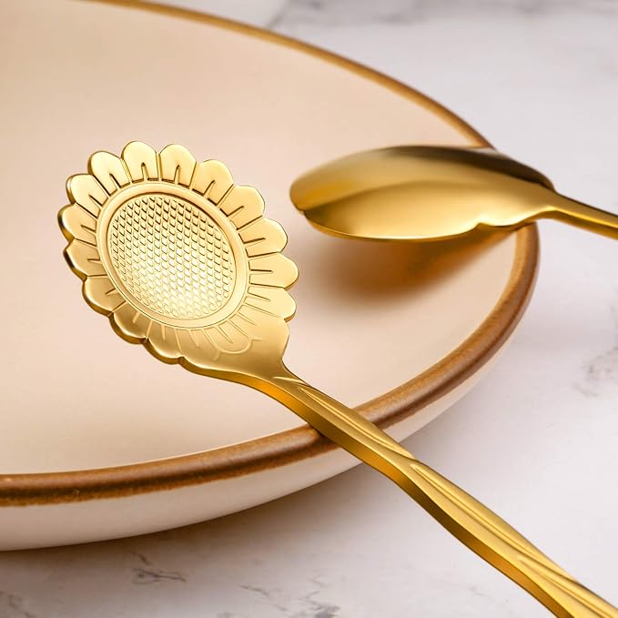 Chengu 8 Pieces Flower Coffee Tea Spoons Stainless Steel Sugar Spoons Tea Party Flower Fancy Tableware Set Stir Bar Creative Stirring Teaspoon, 8 Different Patterns(Gold) - Image 3
