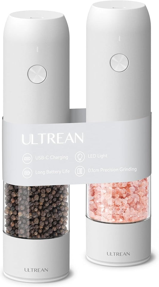 Ultrean Electric Pepper Grinder, Rechargeable Salt and Pepper Grinder with 6 Adjustable Coarseness, LED Light, Automatic Grinder for Kitchen, Kitchen Gadget & Housewarming Gifts, White by Ultrean