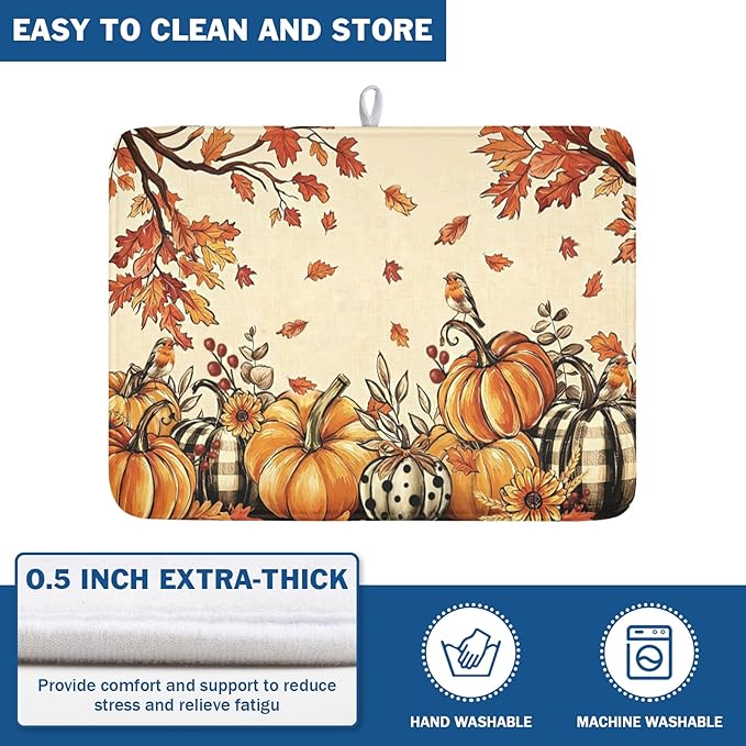 Fall Orange Pumpkin Dish Drying Mat for Kitchen Counter 18 x 24 Inch Autumn Maple Leaf Dish Drainer Mat Absorbent Microfiber Thanksgiving Harvest Dish Rack Pad for Coffee Dining Bar Decor