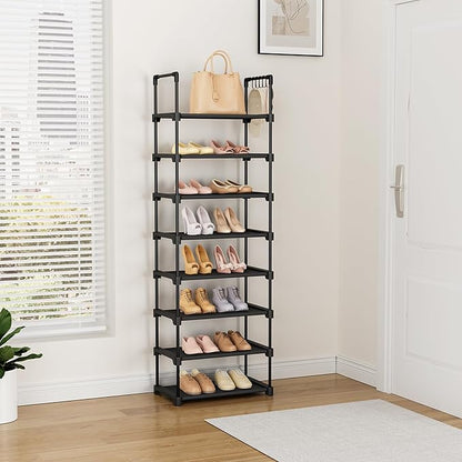 LANTEFUL Tall Shoe Rack 8 Tiers, 16-20 Pairs Shoe and Boots Organizer Storage Sturdy Shoe Shelf, Narrow Vertical Shoe Rack for Entryway, Closet, Metal Shoe Organizer with 5 Hooks