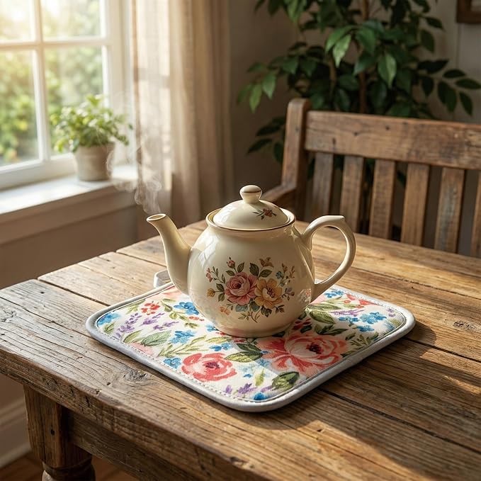 Floral Oven Mitts and Pot Holders Sets 2 Pcs, Canvas Heat Resistant Kitchen Mittens with Hot Pads, Vintage Farmhouse Country Decor, Non-Slip Cooking Baking Grilling Gifts for Women Mom (Flower5)