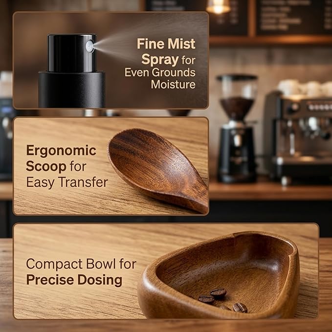 3PCS Coffee Dosing Cup, Wooden Coffee Dosing Set with Black Sprayer and Scale, Grounds Measurement for Espresso Machines and Manual Brewing, Coffee Bean Dosing Cup and Accessories