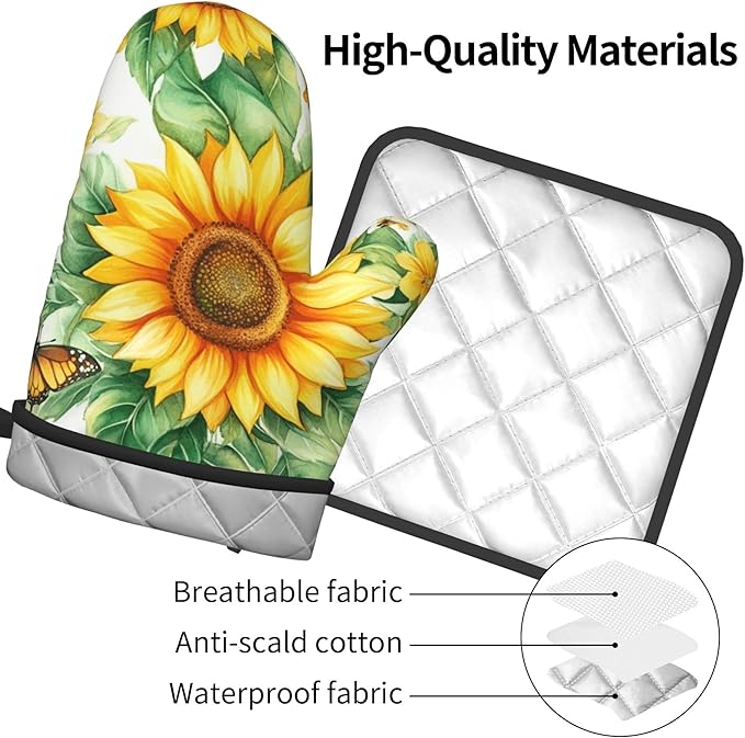 Sunflower Oven Mitts and Pot Holders Sets Watercolor Yellow Floral Plant Kitchen Gloves Hot Pads 2 Pieces Set Spring Summer Farmhouse Kitchen Decor and Accessories - Image 4