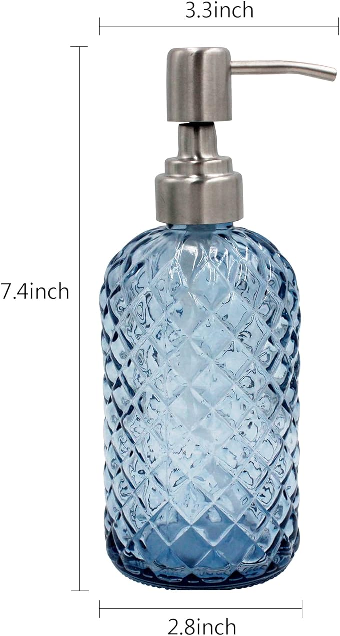 16 oz Diamond Pattern Glass Soap Dispenser, Kitchen and Bathroom Refillable Soap Dispenser with Rust Resistant Stainless Steel Pump for Hand Soap, Lotion Glass Liquid Dispenser (Blue) - Image 3