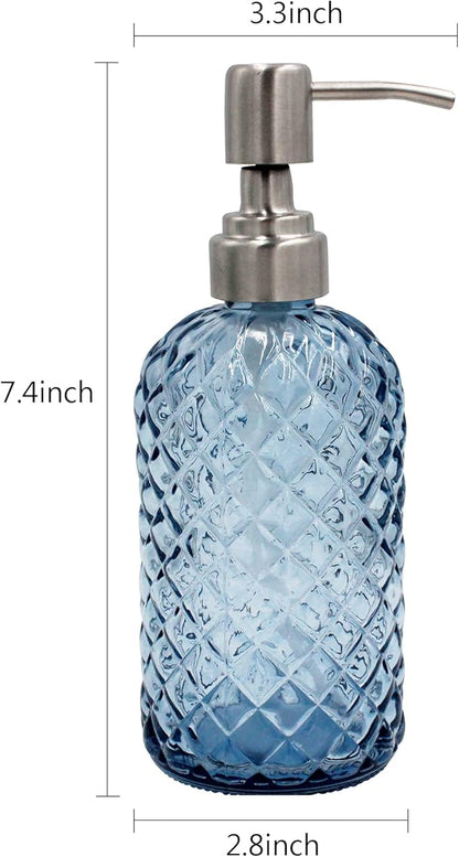 16 oz Diamond Pattern Glass Soap Dispenser, Kitchen and Bathroom Refillable Soap Dispenser with Rust Resistant Stainless Steel Pump for Hand Soap, Lotion Glass Liquid Dispenser (Blue) - Image 3