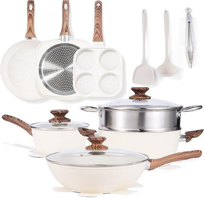 NEWBULIG 17-Piece Nonstick Cookware Set, Non-Toxic Pots and Pans with Stay-Cool Handles, Induction Compatible Cookware, PFAS & PFOA-Free, Cream White