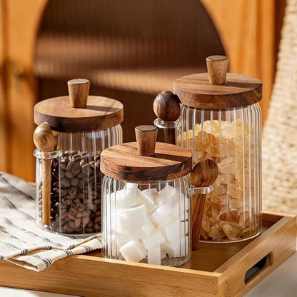 ANSQU Glass Jar with Wooden Lid & Spoon, 20.3oz Food Storage Containers Coffee Jar Coffee Grounds Container, Coffee Canister holds up to 7.4oz Coffee Beans (2 Pack)