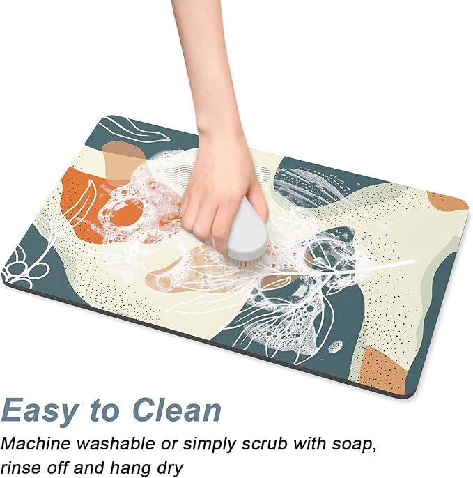 Rnivvi Coffee Mat, 12" x 19" Cute Boho Theme Coffee Bar Mats for Espresso Machine Station Accessories and Organizer, Hide Stain Rubber Backed Absorbent Dish Drying Pad for Kitchen Counter, Leaves - Image 5