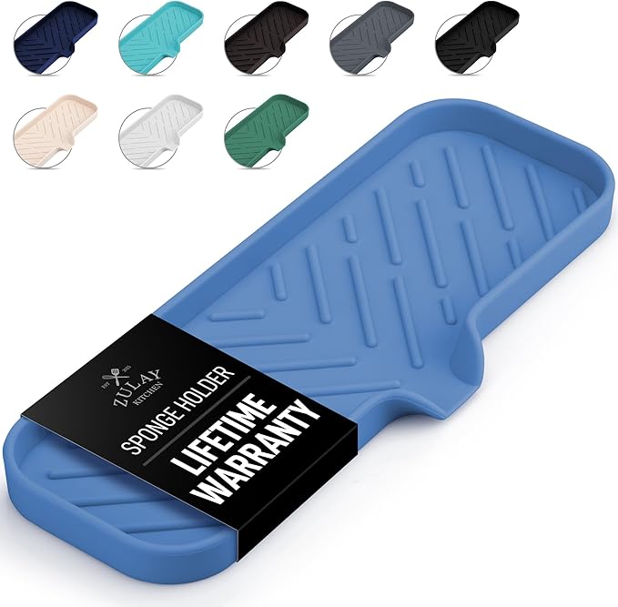 Zulay Kitchen Large Silicone Sponge Holder (12x4) – Flexible Sink Organizer Tray for Kitchen & Bathroom – Multipurpose Soap Dish for Sponges, Makeup, Trinkets & More (Provence Blue) by ZulayKitchen