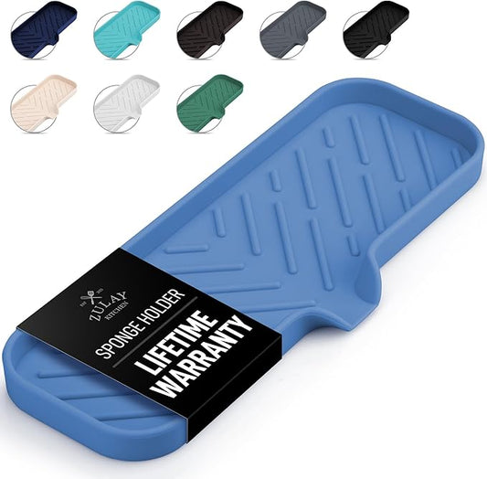 Zulay Kitchen Large Silicone Sponge Holder (12x4) – Flexible Sink Organizer Tray for Kitchen & Bathroom – Multipurpose Soap Dish for Sponges, Makeup, Trinkets & More (Provence Blue) by ZulayKitchen