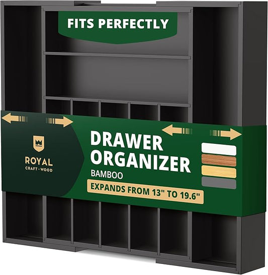 ROYAL CRAFT WOOD Luxury Bamboo Kitchen Drawer Organizer - Silverware Organizer - Utensil Holder and Cutlery Tray with Grooved Drawer Dividers for Flatware and Kitchen Utensils (9 Slot, Black) by RoyalCraftWood