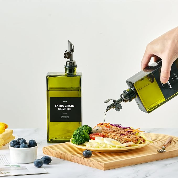 Olive Oil Dispenser Bottle for Kitchen, 16.9oz /500ml Cooking Vinegar Dispenser Bottle Set, Glass Sauce Container, Labels, Brush, Funnel, Stoppers, Green for Oil, Wine - Image 4