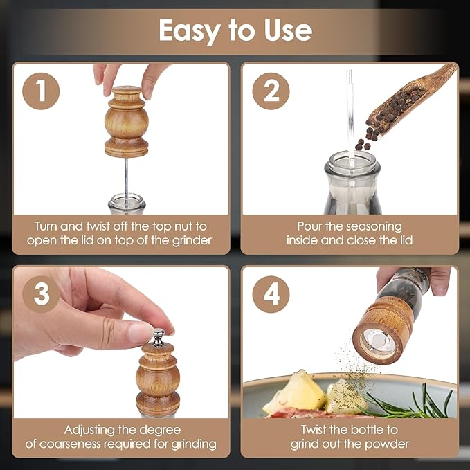 Wooden Salt and Pepper Grinder Set with Wooden Tray and Spoon, 8 Inch Manual Salt and Pepper Mill, Adjustable Coarseness, Refillable with Ceramic Core for Spices, Clear Acrylic Chamber