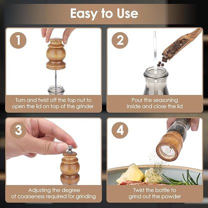 Wooden Salt and Pepper Grinder Set with Wooden Tray and Spoon, 8 Inch Manual Salt and Pepper Mill, Adjustable Coarseness, Refillable with Ceramic Core for Spices, Clear Acrylic Chamber