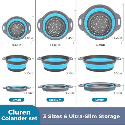 Collapsible Colander Set with Oversized Draining Tray | 3-Pack Foldable Kitchen Strainers + Base | Space Saving for Pasta, Veggies, Fruit & Rice | 5 Colors (Gray-Blue) - Image 3
