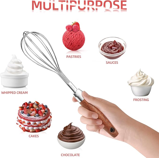 Whisk for Cooking,Stainless Steel Wire Wooden Handle Kitchen Multi Function Non Stick Balloon Whisk Egg Beater for Blending Whisking Beating Frothing Stirring Batters (11"L x 2.1"W) - Image 6