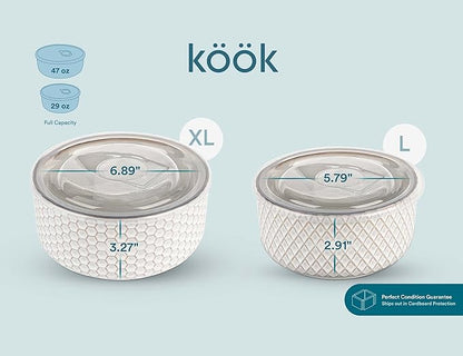 KooK Serving Bowls, with Lids, Ceramic Nesting Bowls, Set of 4, Embossed, Kitchen, Prep, Stackable, Gift, Microwave and Dishwasher Safe, 10/16/29/47 oz, Narbonne Collection (Ivory) - Image 8