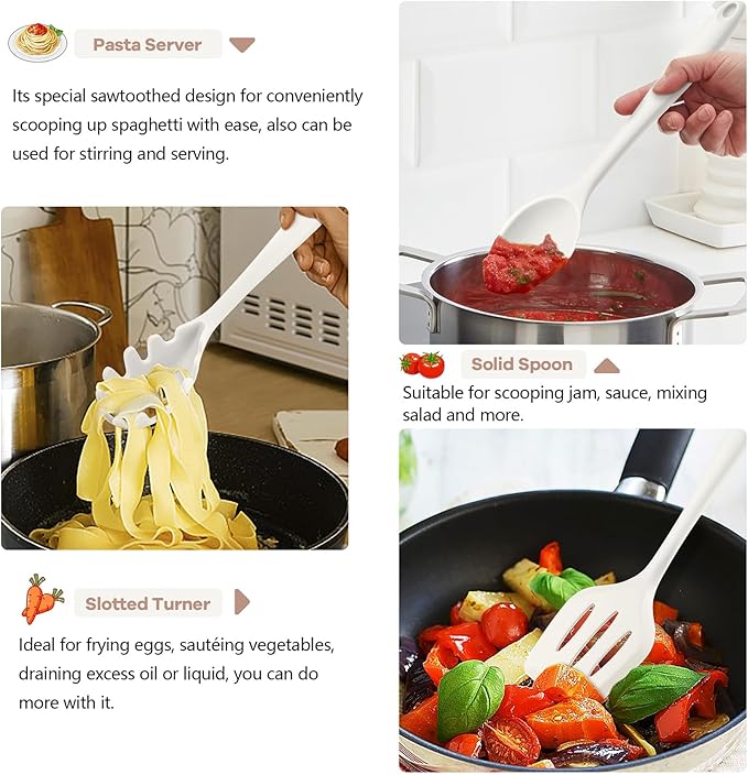 TeamFar Kitchen Cooking Utensils, 10 pcs Silicone Cooking Utensils Set, 446°F Heat Resistant Kitchen Gadgets Tools Set w/Spatula, Turners, Spoons, Soup Ladle, Pasta Server for Nonstick Cookware, White - Image 5