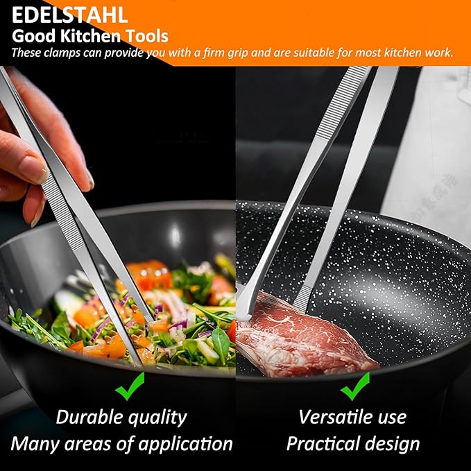 12-Inch Stainless Steel Kitchen Tongs Set, Straight & Round Edge Cooking Tweezers with Non-Slip Grip for BBQ, Grilling and Precision Cooking