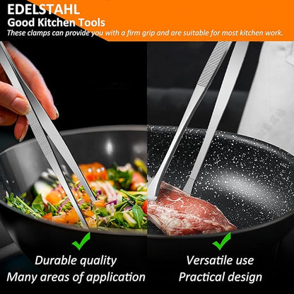 12-Inch Stainless Steel Kitchen Tongs Set, Straight & Round Edge Cooking Tweezers with Non-Slip Grip for BBQ, Grilling and Precision Cooking