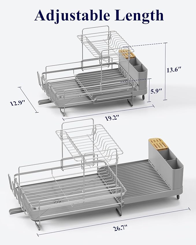 Kitsure Large Dish Drying Rack - Extendable Dish Rack, Multifunctional Dish Rack for Kitchen Counter, Anti-Rust Dish Drainers with Cutlery & Cup Holders 19.2"-26.7" L x 12.9" W x 13.6", Grey - Image 5