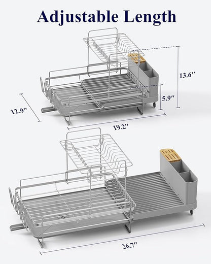 Kitsure Large Dish Drying Rack - Extendable Dish Rack, Multifunctional Dish Rack for Kitchen Counter, Anti-Rust Dish Drainers with Cutlery & Cup Holders 19.2"-26.7" L x 12.9" W x 13.6", Grey - Image 5
