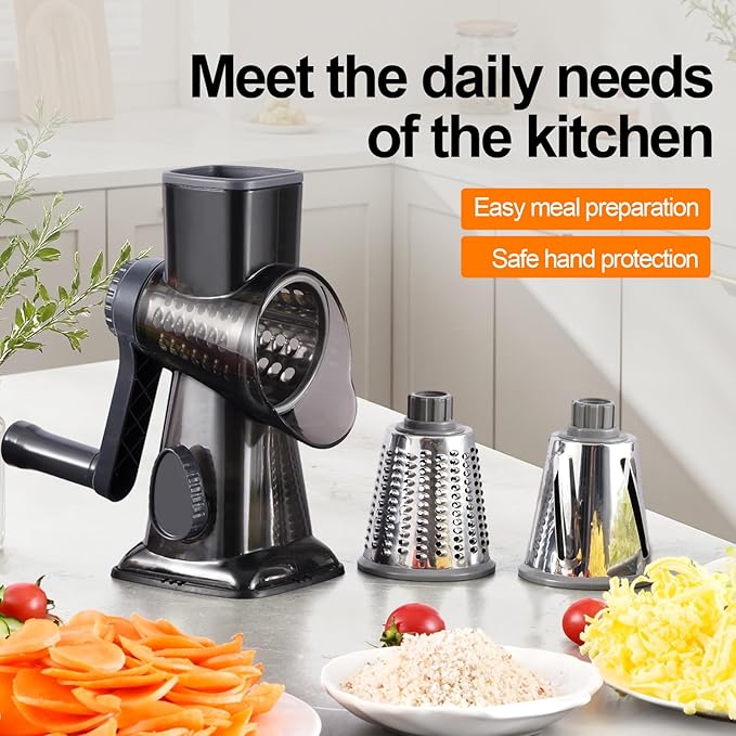 Rotary Cheese Grater Hand Crank with Suction Base, 3-in-1 Cheese Shredder for Cheese, Vegetables & Nuts, Easy to Clean (black) - Image 9