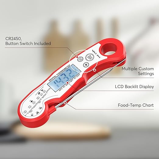 Meat Thermometer Digital - Fast Instant Read Food Thermometer for Cooking, Candy, Outside Grill, and Roast, Digital Food Thermometer with Backlight LCD & Calibration - Red/Silver - Image 3