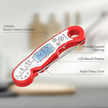 Meat Thermometer Digital - Fast Instant Read Food Thermometer for Cooking, Candy, Outside Grill, and Roast, Digital Food Thermometer with Backlight LCD & Calibration - Red/Silver - Image 3