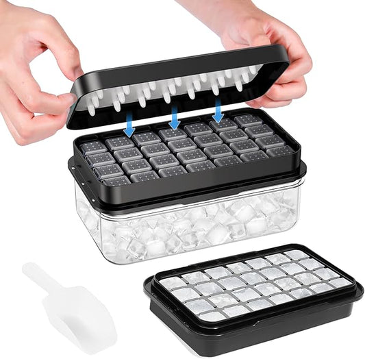 Ice Cube Tray with Lid and Bin, 28 pcs Ice Cubes Molds, Ice Trays for Freezer, Ice Cube Tray Mold, with 1 tray, Ice Freezer Container, Spill-Resistant Removable Lid & Ice Scoop, for Whiskey,Cocktail by PHINOX