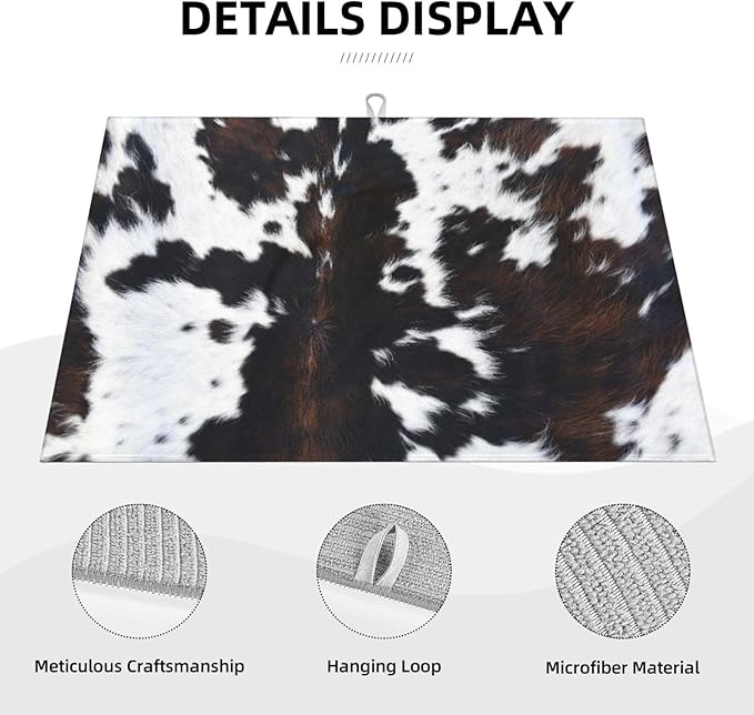 Cow Print Dish Drying Mat Animal fur Black Brown White Classic Drying Rack Pad Countertop Dishes Ultra Absorbent Microfiber Kitchen Counter Mat 18x24 Inch