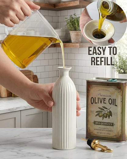 Ceramic Olive Oil Dispenser Bottle with Gold Gravity Spout - 17oz Stoneware Oil & Vinegar Cruet - Opaque UV Protection for Kitchen, Non-Drip Modern Farmhouse Decor - Reactive White